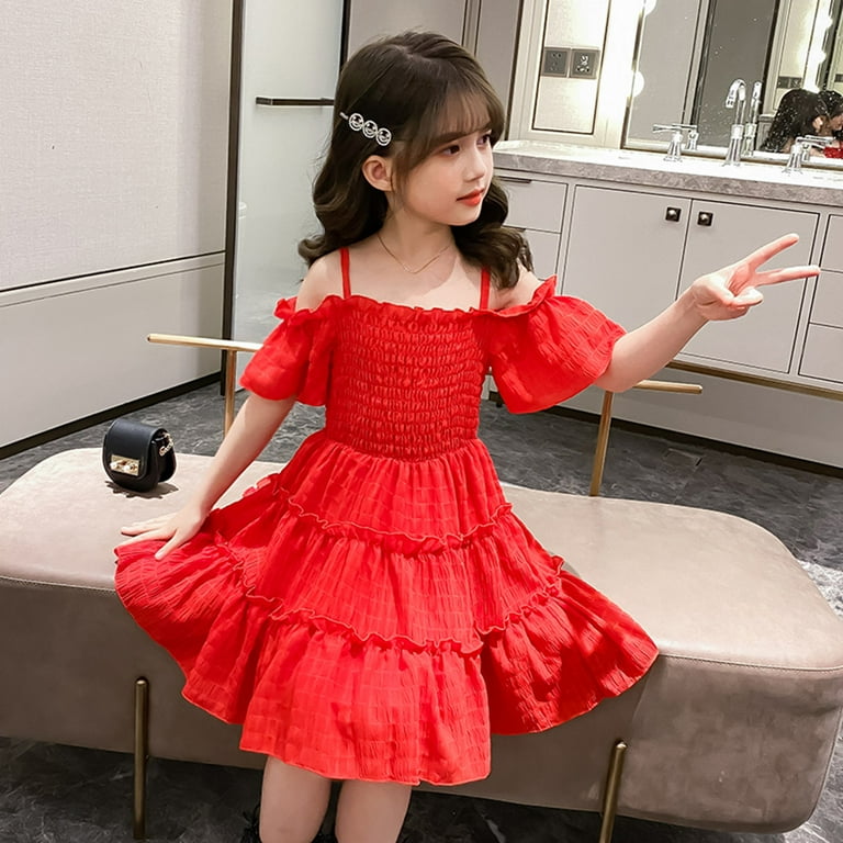 Enjocho Kids Dress Baby Children Girls Off Shoulder Strap Ruched Solid Princess Dresses Baby Girl Summer Casual Party Dresses 12 13 Years Infant