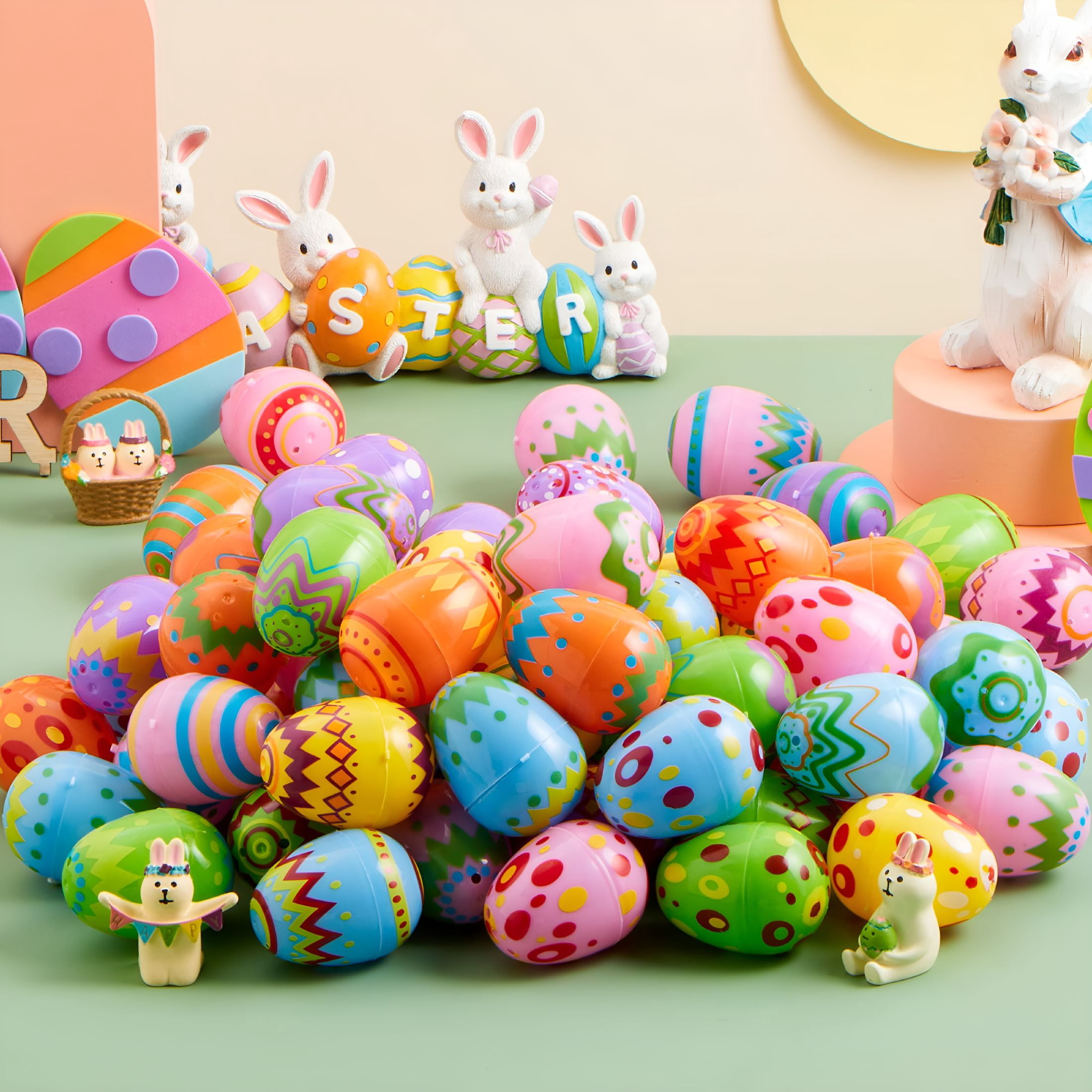 XIBUFE 2026 New 100 Pcs Plastic Printed Easter Eggs,2.3" Fillable Empty Easter Eggs for Easter Hunt,Basket Stuffers Fillers,Classroom Prize Supplies,Filling Treats and Party Favor