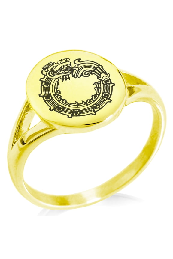 Stainless Steel Aztec Ouroboros Serpent Rune Minimalist Oval Top Polished Statement Signet Ring