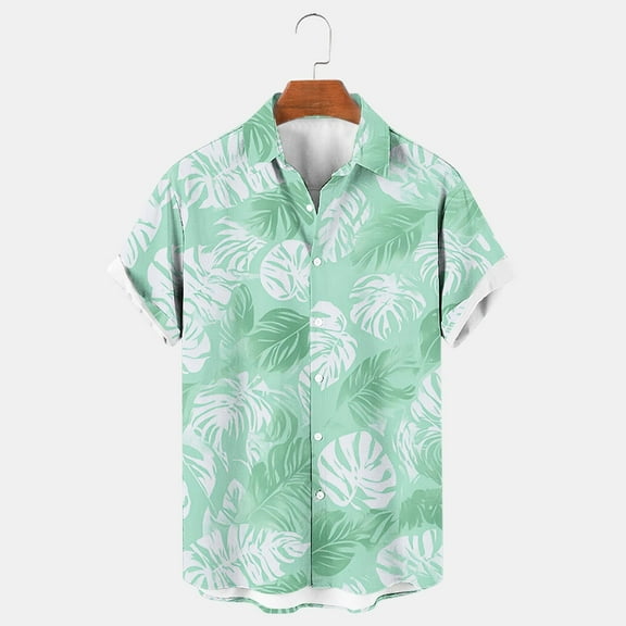 Elvqul Party Shirts Men Button up Green Summer Shirts Collared Short Sleeve Holiday Hawaii Printed Tops