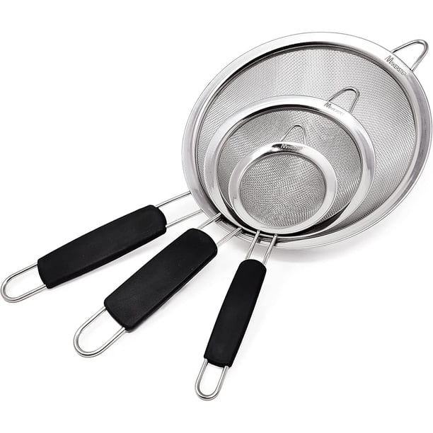 Juego de 3 coladores de malla fina de acero inoxidable, tamaños graduados 3,38, 5,5, 7,87, colador de alambre con mango aislado para utensilios de cocina, nuevos elementos esenciales para la cocina