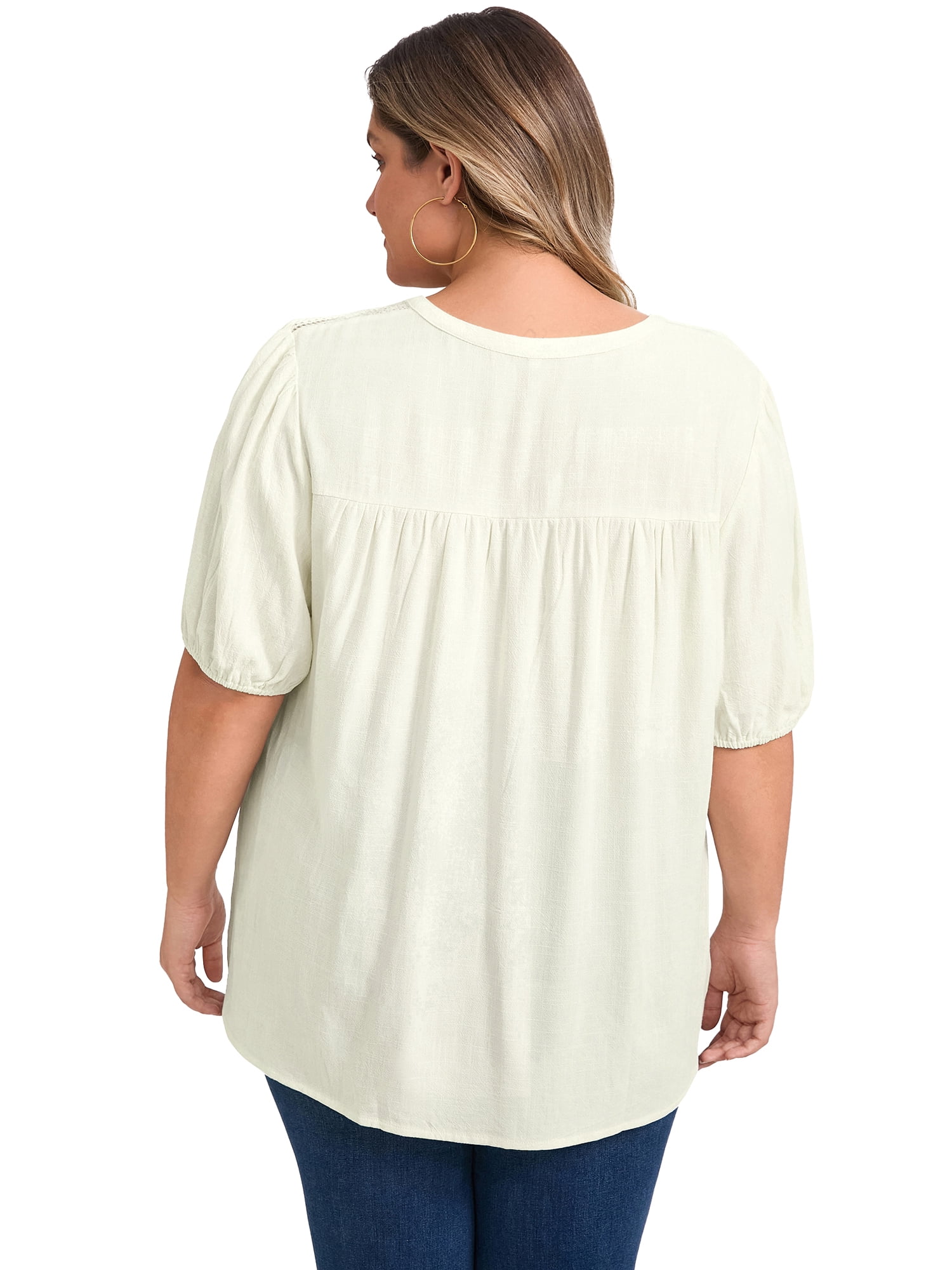 DARING DIVA Women's Plus Lace Panel Tie Neck Puff Sleeves Blouse 2X White