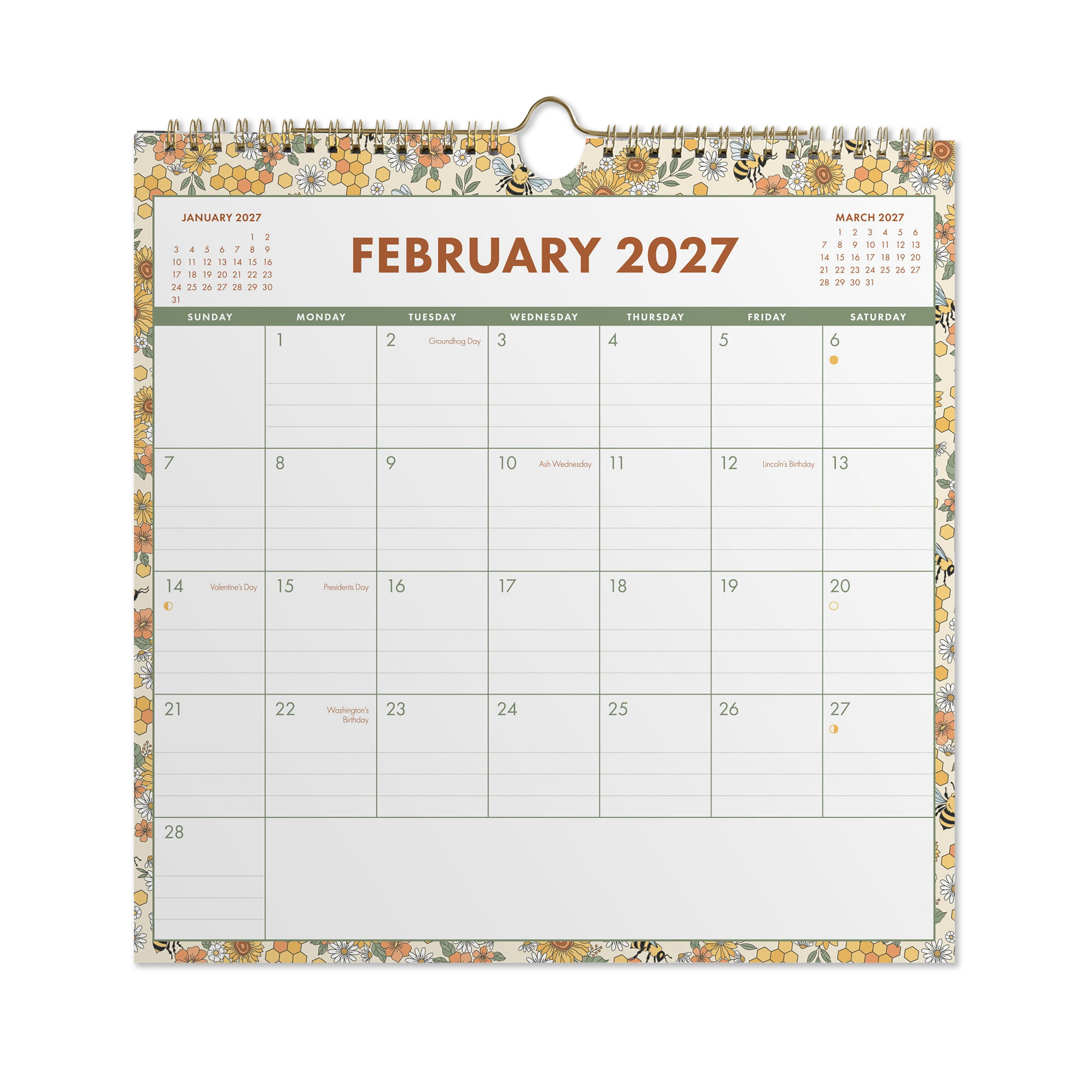 2027 Pen+Gear Spiral Bees Calendar 12x12 January-December Gridded