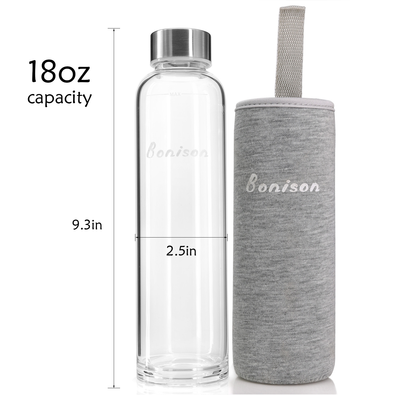 Bonison, Borosilicate Glass Water Bottle with Assorted Colorful Nylon Sleeve, BPA Free, 18.5 oz - image 5 of 6