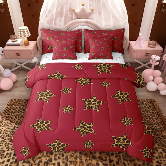 Feelyou Leopard Print Stars Twin Bedding Sets 7-Piece, Cartoon Red Bedding Comforter Set