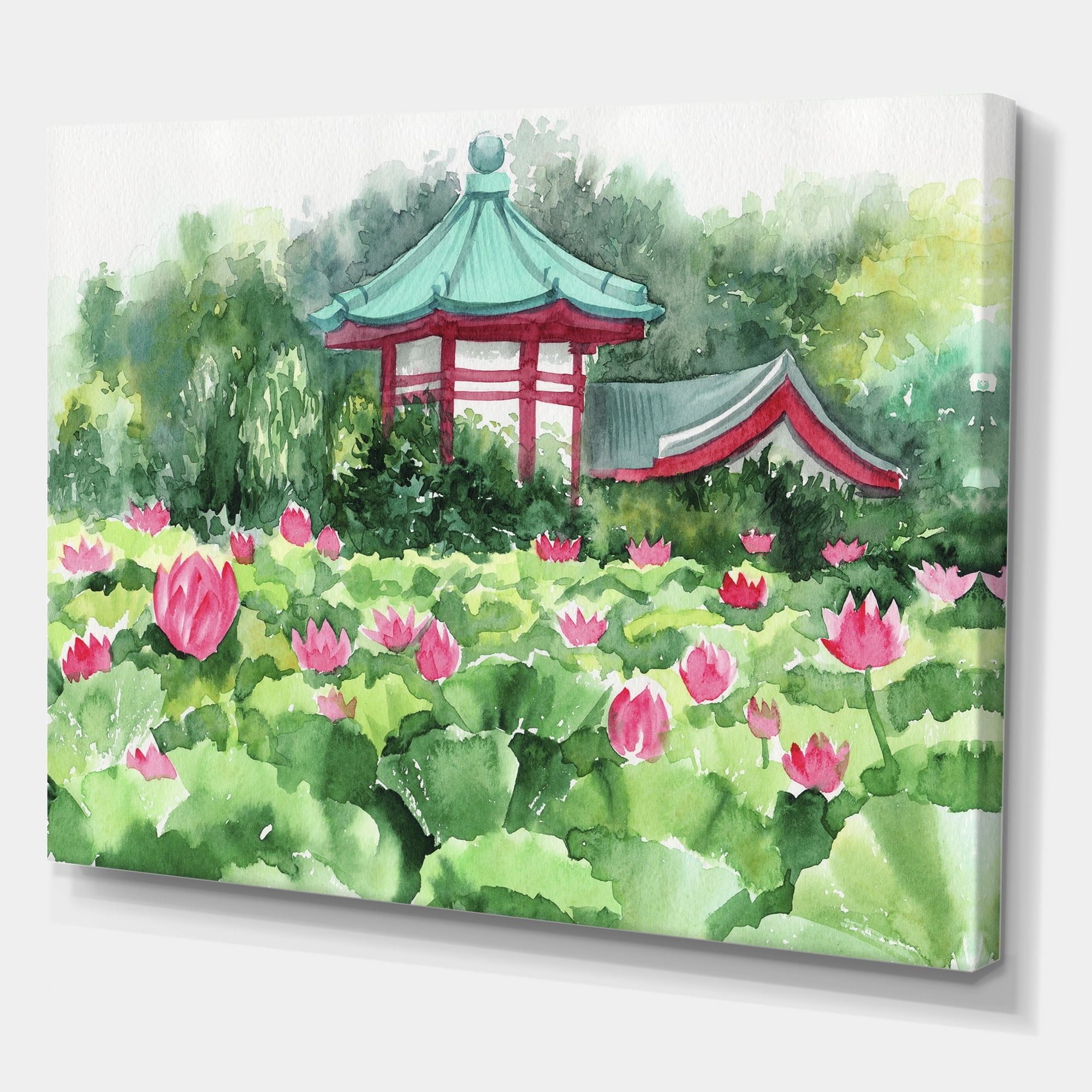 Designart ' Pagoda and Lotus Lake ' Traditional Canvas Wall Art Print