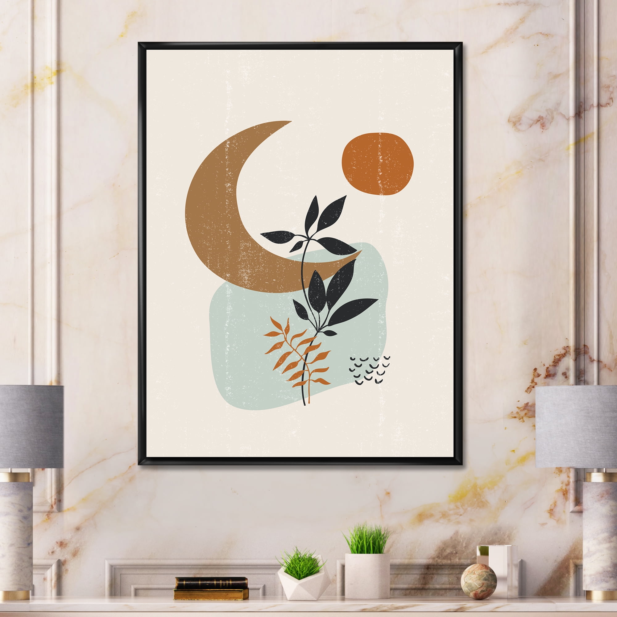 Designart 'Abstract Moon and Sun With Minimal Plants' Modern Framed Canvas Wall Art Print
