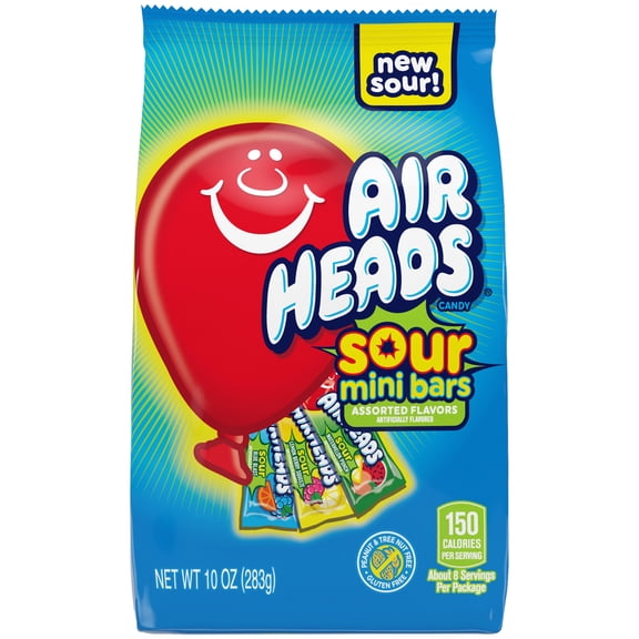 Airheads Candy Variety Bag, Individually Wrapped Assorted Fruit Sour Mini Bars, Nut Free, 10 oz