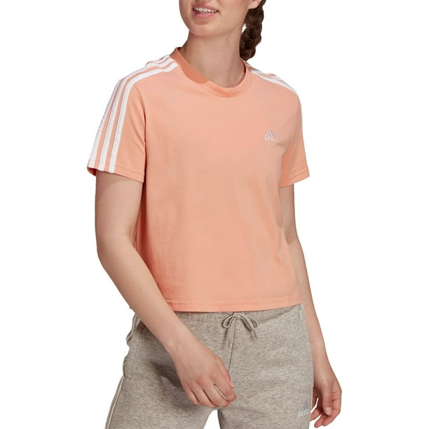 adidas Women's Essentials Loose 3-Stripes Cropped T-Shirt, Ambient Blush/White, - Walmart.com