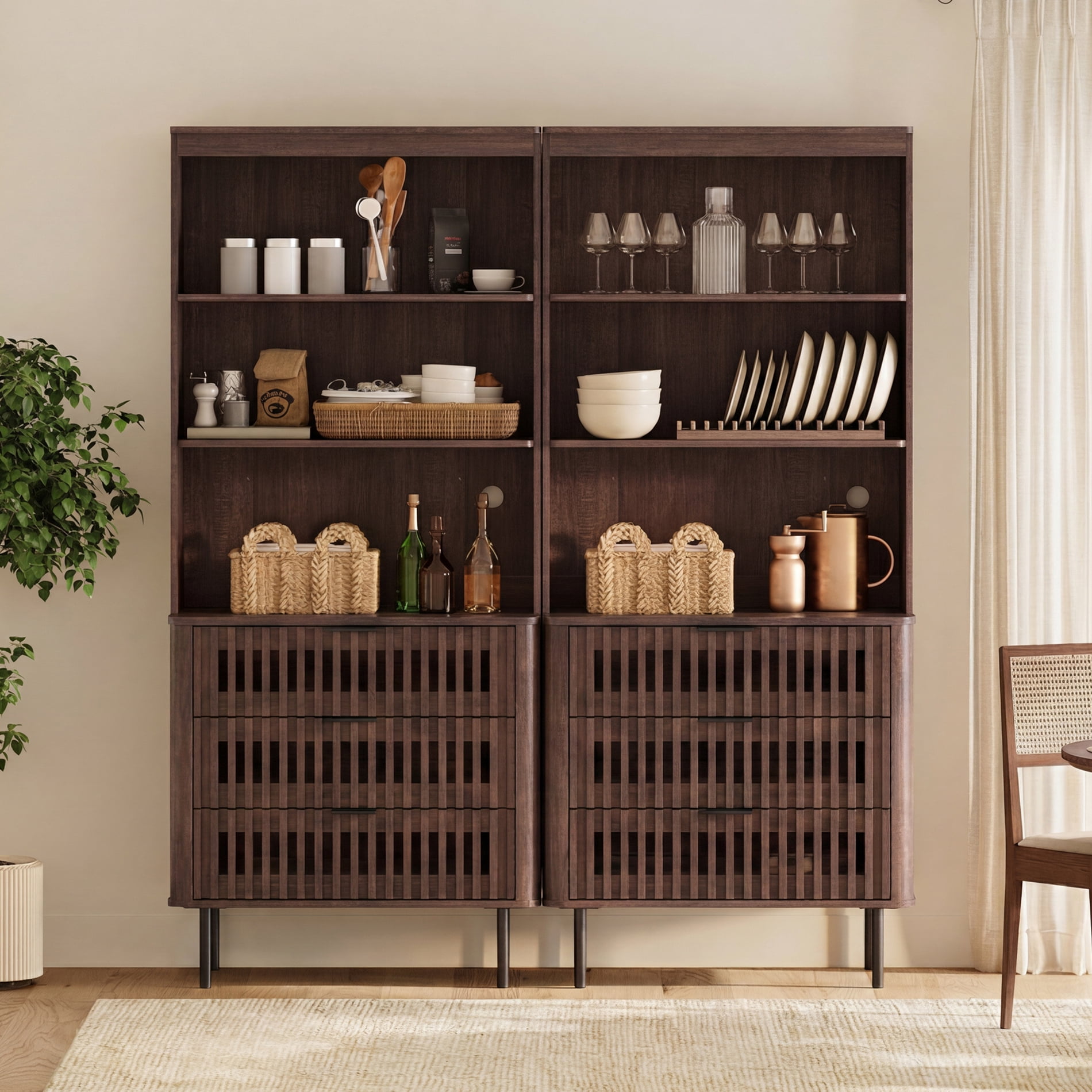 WAMPAT 72.8" Tall 3-Tier Bookshelf with Large Drawer, Modern Bookcase with Storage, Adjustable Shelves, Wood Storage Cabinet, Walnut, 2 PCS