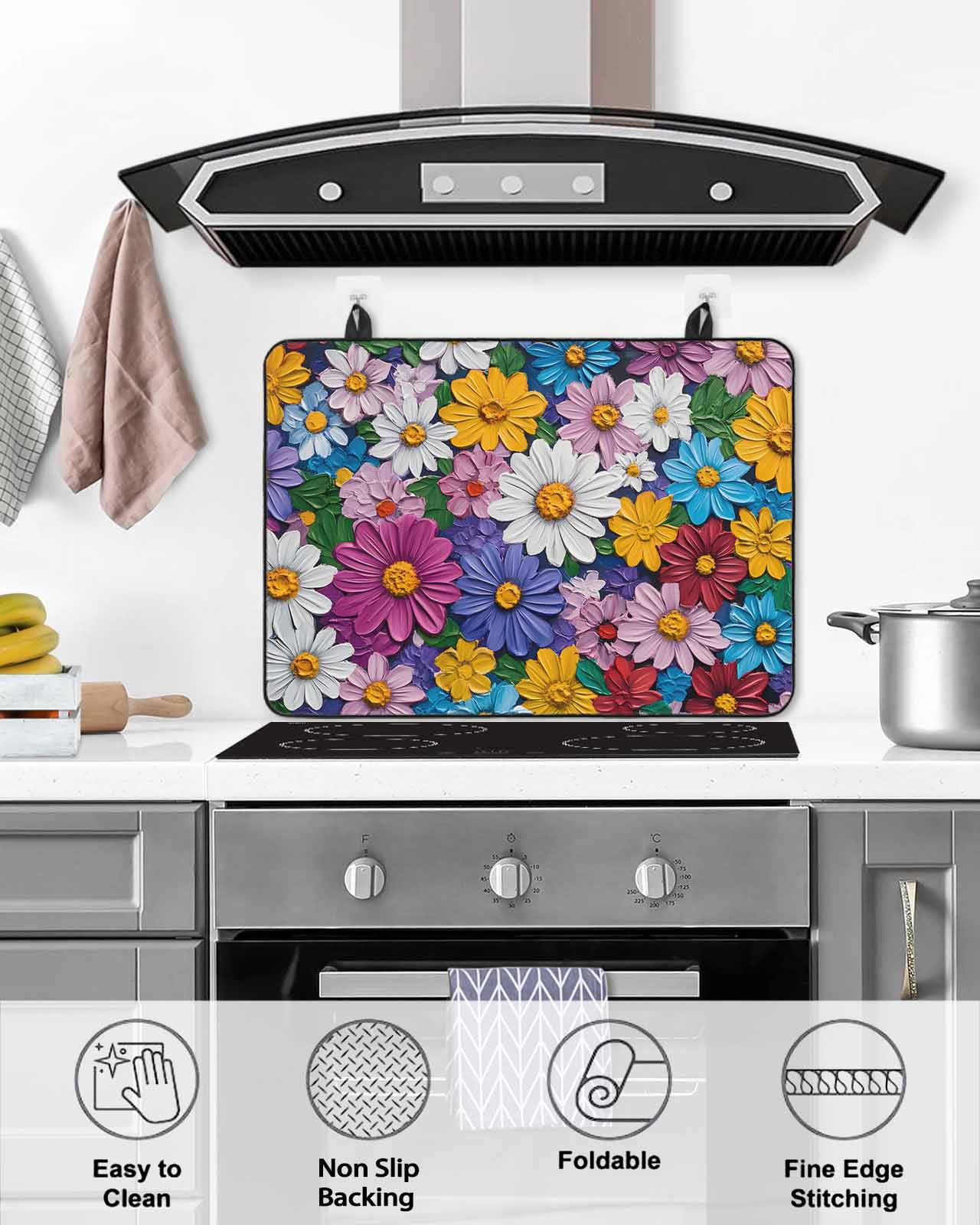 nqOlkjepod Large Induction Cooktop Protector Mat 36"x21", Colorful Spring Floral Stove Top Covers for Electric Stove, Modern Oil Painting Flowers Stove Burner Cover Mats, Glass Top Stove Cover