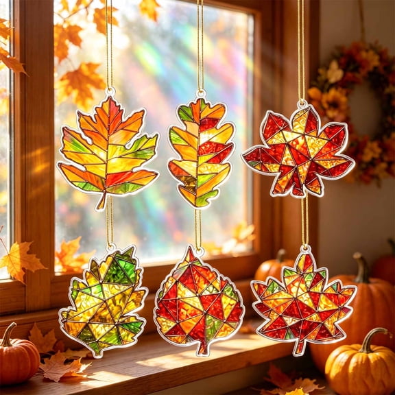 Gqtwoy 6 Pack Stained Glass Style Fall Leaf Suncatchers, Hanging Ornaments, Autumn Decorations, Thanksgiving Wall Decor, Unique Fall Home Accents, Seasonal Window Decor