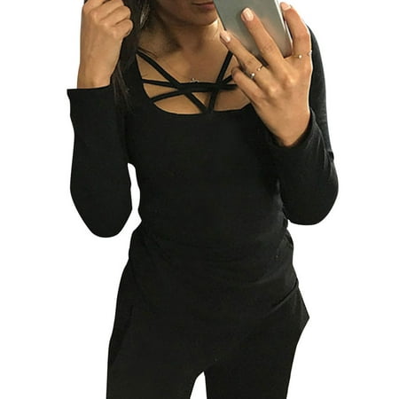 Lace Criss Cross Front Bodystocking - ZXZY Women Long Sleeve Criss Cross Lace Up Solid Shirt Blouse