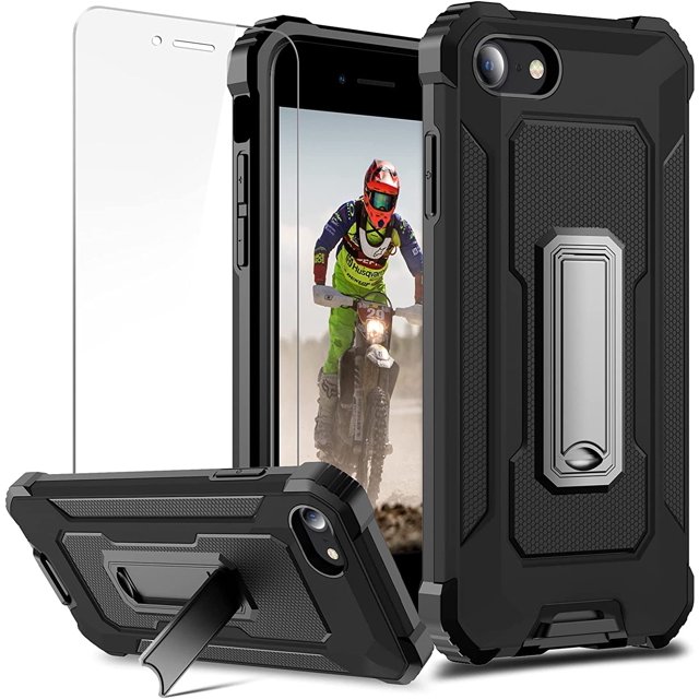 for iPhone SE 2020 Case, iPhone 7/8 Case Rugged Military Dual Layer Heavy Duty iPhone SE 2020 Case with Screen Protector TPU Bumper Full Protection Metal Kickstand Shockproof Case 4.7 inch,Black
