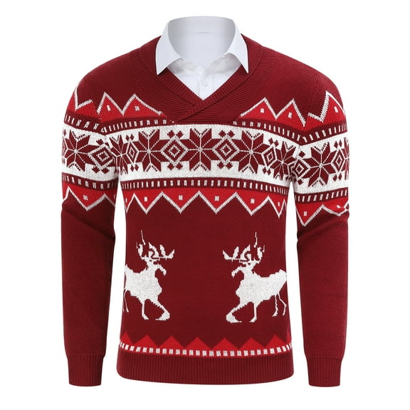 Yesfashion Men's Christmas Sweaters Holiday Reindeer Snowflakes V Neck Jumpers