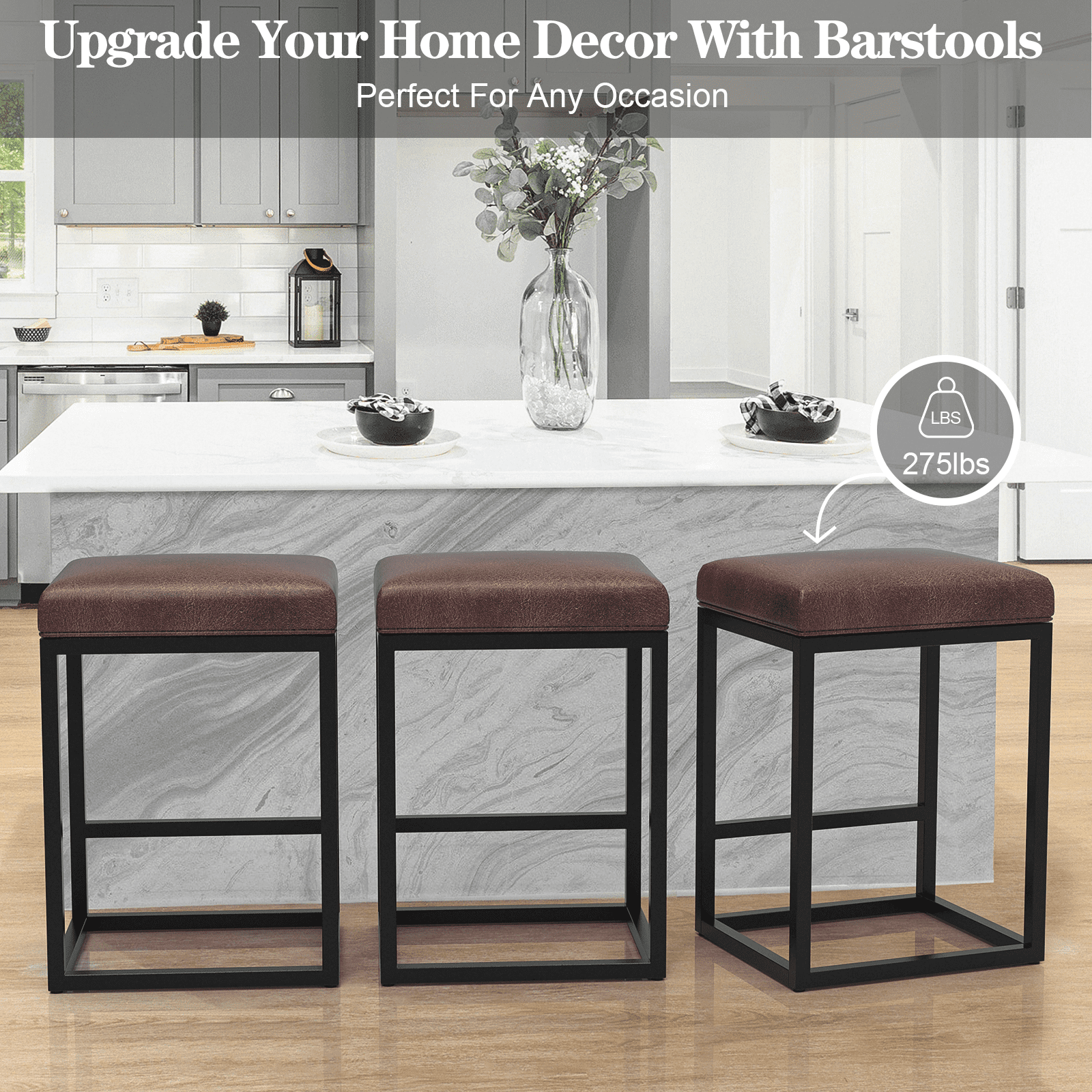 Nathaniel Home 24 Inch Bar Stools Set of 2, Modern PU Leather Metal Barstool, Backless Kitchen Dining Cafe Stool, Upholstered Bar Stool with Footrest, Light Brown