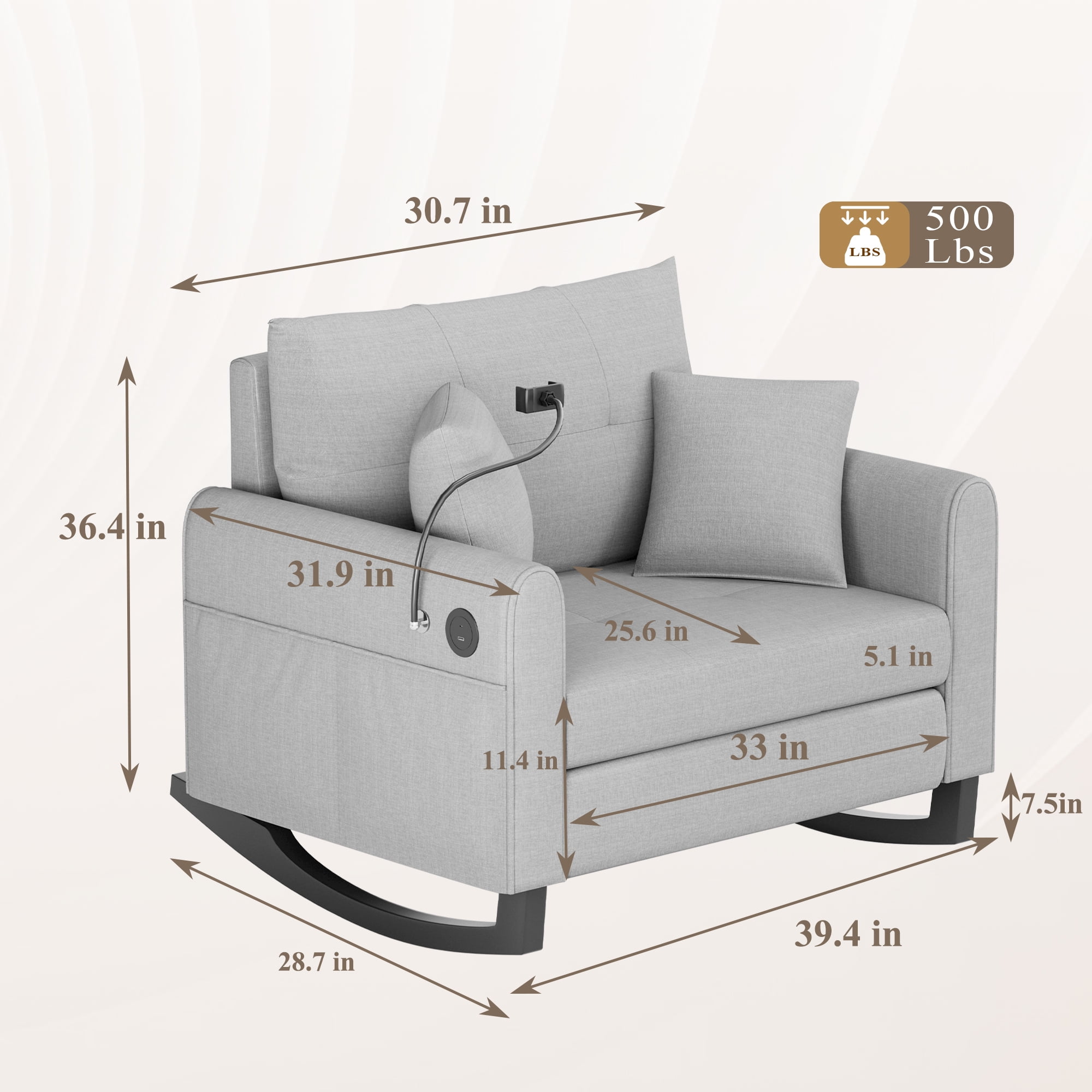 Upholstered Nursery Rocking Chair with Adjustable Phone Handle, High Back and Side Pocket USB Port, Double Wide Rocker Glider Chairs with Wood Legs for Living Room, Bedroom, Nursery, Gray