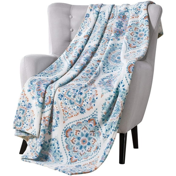 Serafina Home Decorative Throw Blanket: Floral Medallion Design Accent for Couch or Bed, Colors: Aqua Mint Blue Orange Purple White