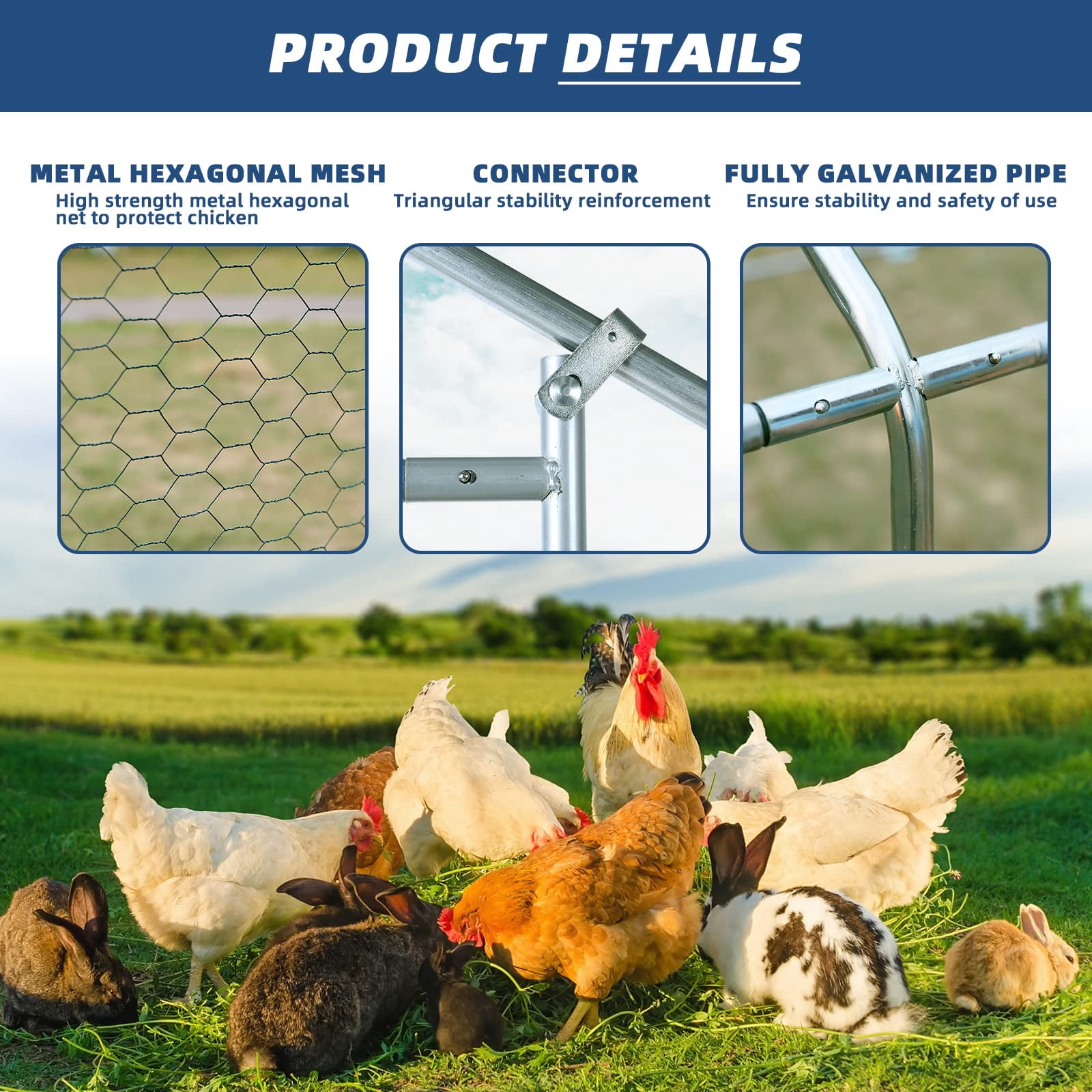 Large Metal Chicken Coop Walk-in Poultry Cage Hen Run House Duck House Rabbits Habitat Cage Spire Shaped Coop with Waterproof and Anti-Ultraviolet Cover for Outdoor Backyard Farm Use