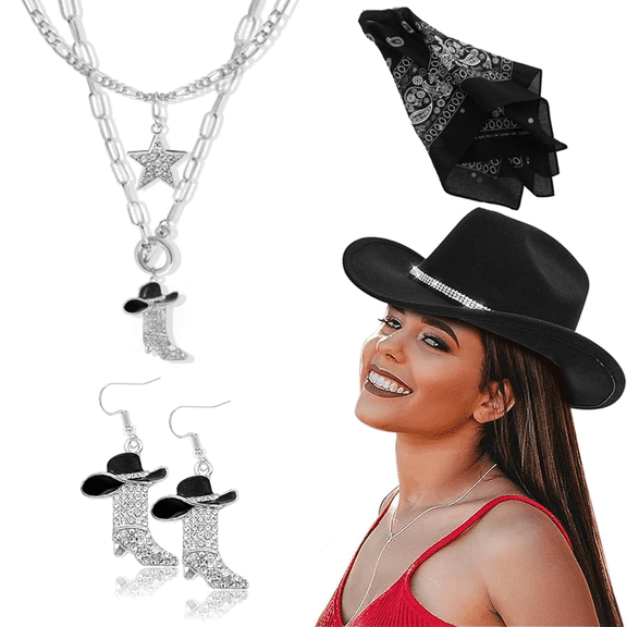 Cowboy Hat Rhinestone Cowgirl Boots Earrings Set Western Earring Felt Fedora Jazz Hat Rodeo Outfit for Women Size M
