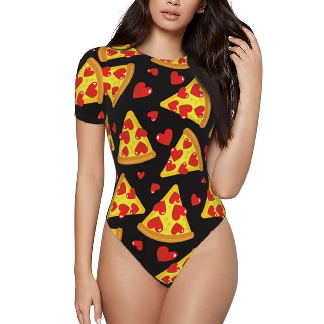 Saiise Motif Pizza Dessin Animé Combinaison à Manches Courtes pour Femmes Col Rond Pyjama Justaucorps Extensible avec Fermeture à Pression-TTTG