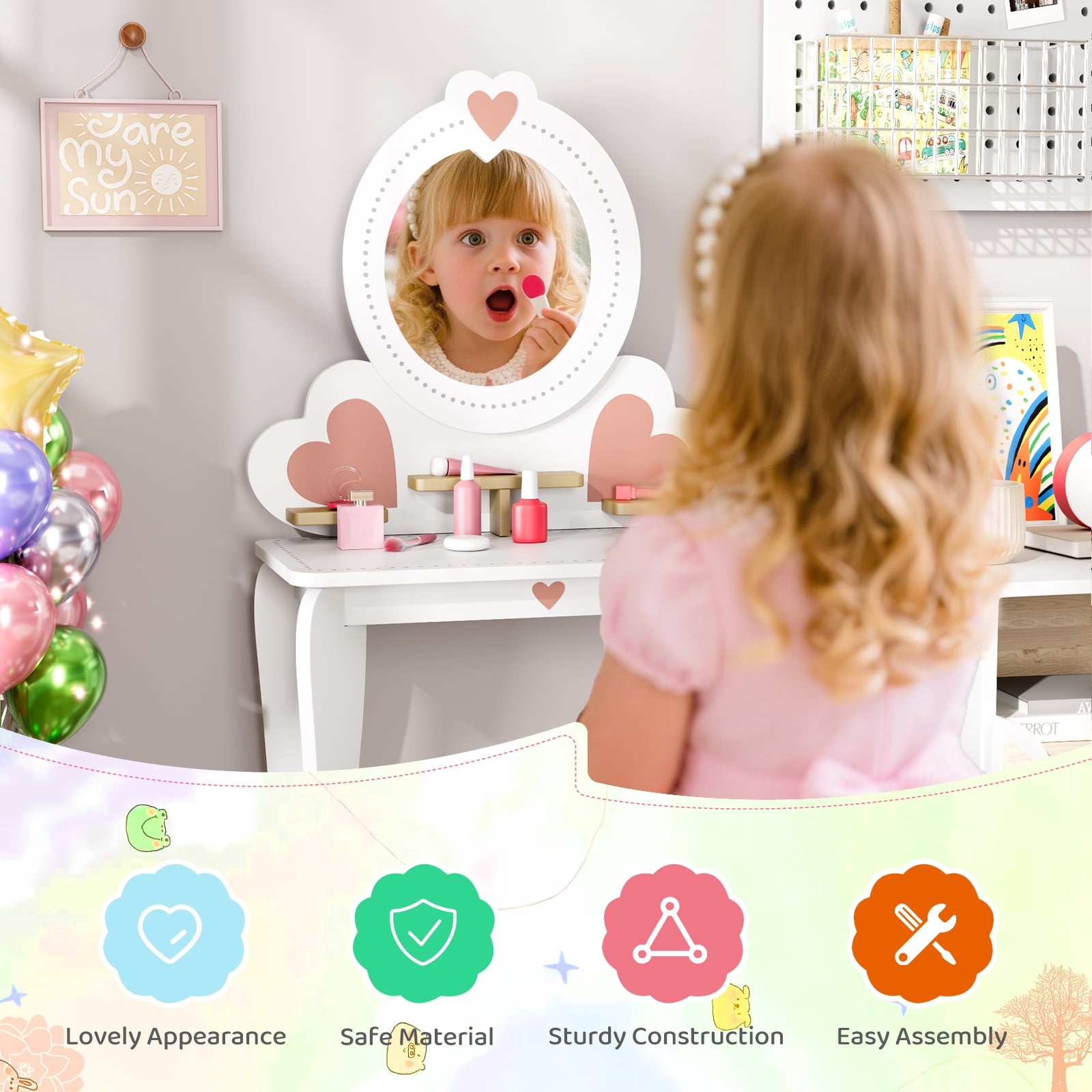 Pirecart Kids Vanity Table and Chair, Makeup Dressing Set with Round Mirrors and 8 Pcs Pretend Play Accessories, White