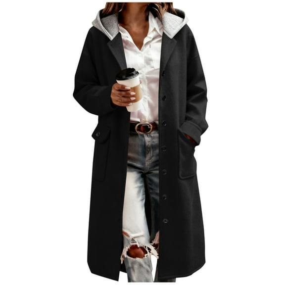 cocolona Womens Winter Long Cardigan Coat Long Sleeve Button Hooded Trench Coat Fashion Solid Color Pea Coat Casual Overcoat Outwear