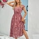 thumbnail image 4 of Vestido largo de las mujeres elegante V cuello ruffle floral impresión rodilla longitud vestido para primavera y verano rosa S, 4 of 8