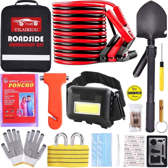 Emergency Car Kit - Premium Roadside Assistance Kit for Cars with Jumper Cables, Headlamp, Folding Shovel & Tow Strap All-in-One Vehicle Safety Kits for Winter, Travel, Survival (Men & Women)