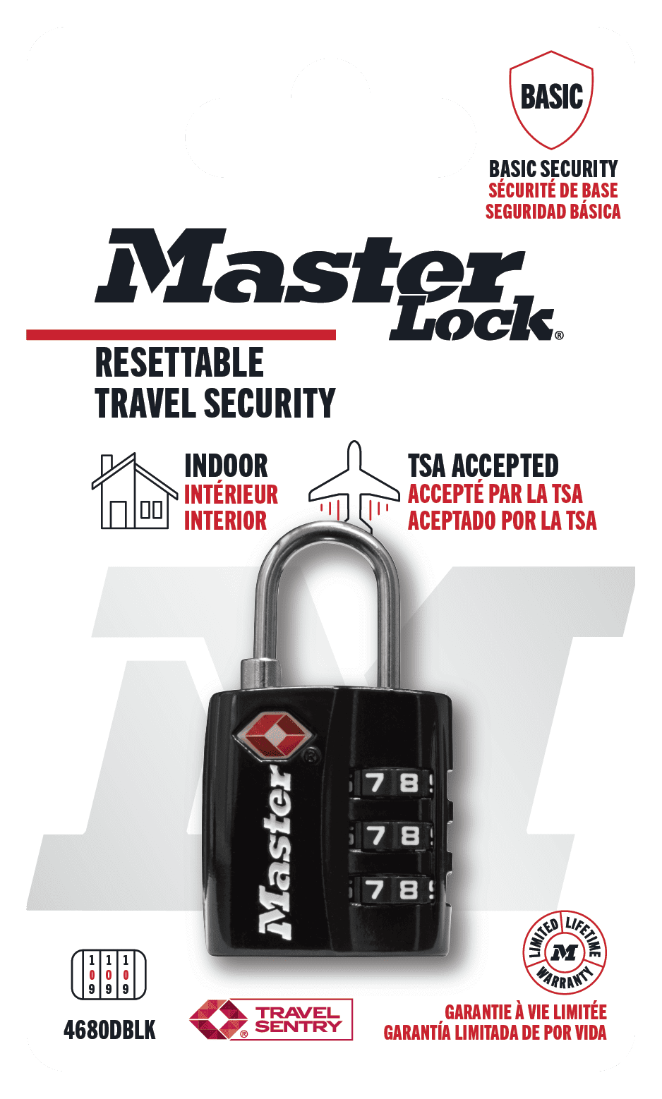 (4 pack) Master Lock TSA Approved 3 Dial Resettable Combination Luggage Lock, Black