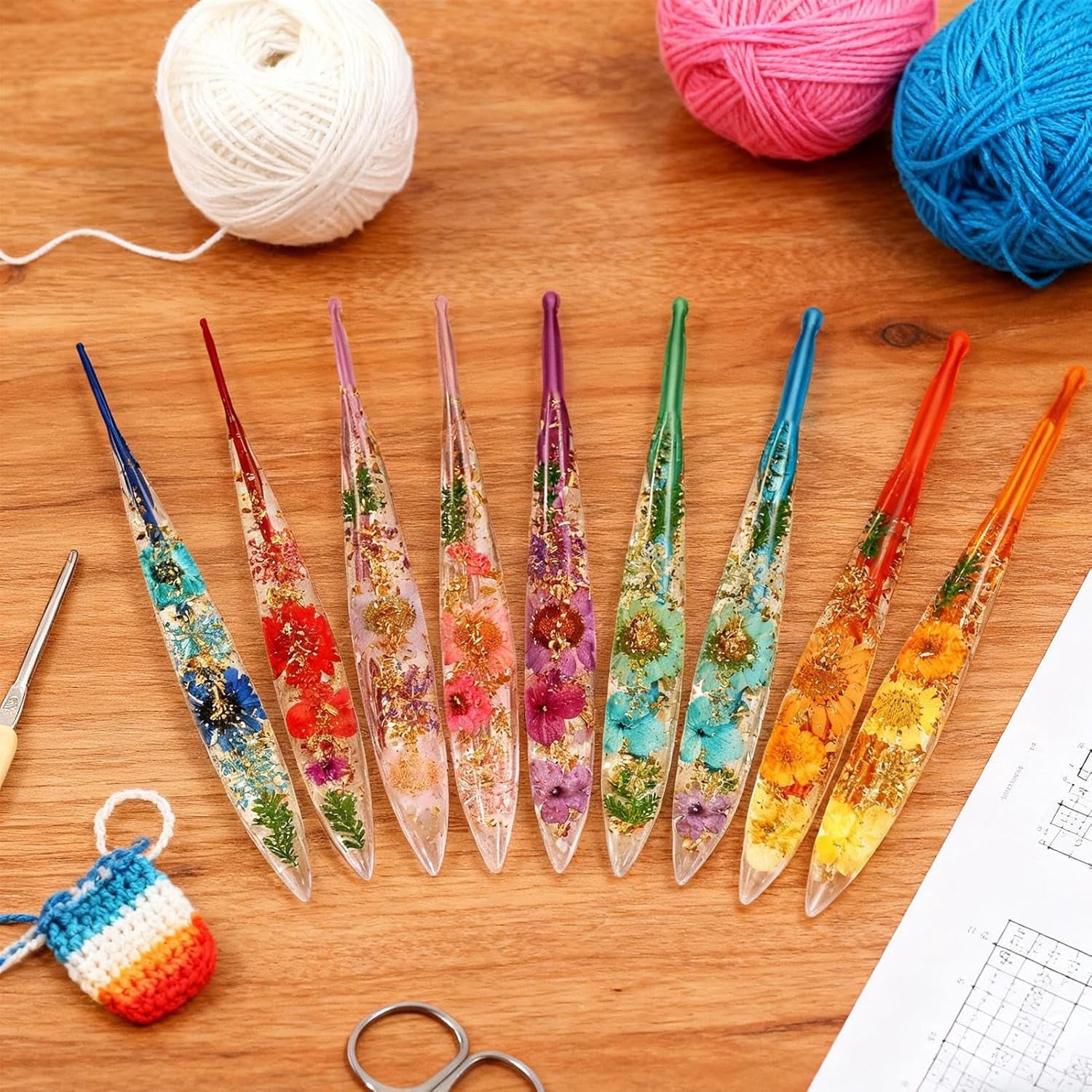 9PCS Stylish Crochet Hooks Kit, Ergonomic Yarn Tool Set, Floral Resin Hooks with Smooth Handle and Comfortable Grip