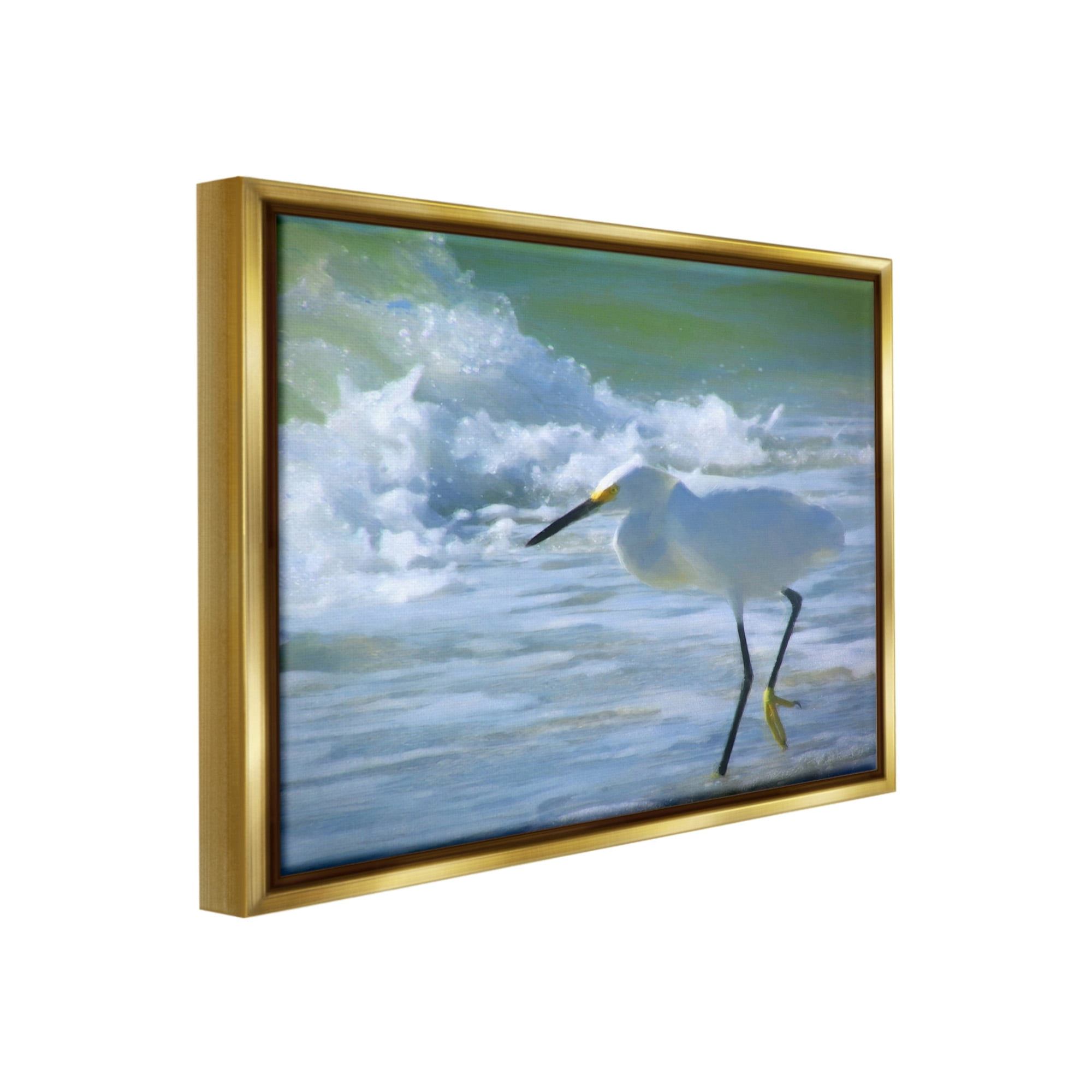 Stupell Industries Egret in Splashing Waves Landscape Painting Gold Floater Framed Canvas Art Print Wall Art, 21 x 17