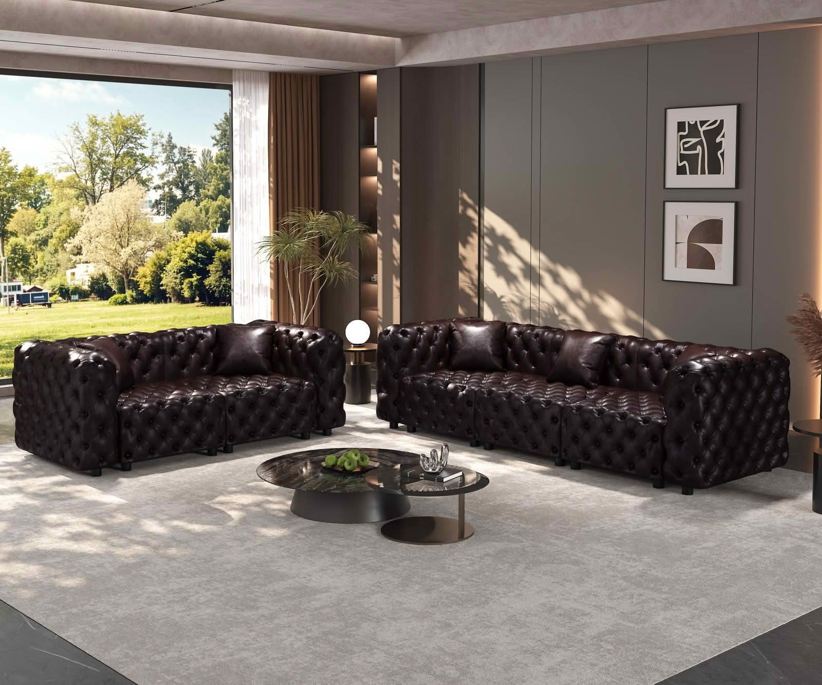 MAYEERTY 5‑Seat Faux‑Leather Modular Sofa, Handcrafted Button Tufted Couch with 5 Pillows for Living Room & Small Apartment