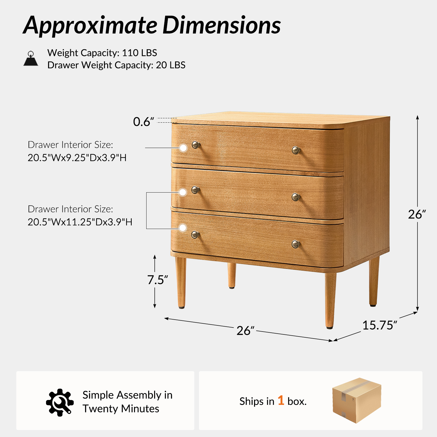 26" Modern 3 Drawers End Table Curved Table with Charging Station for Living Room Oak