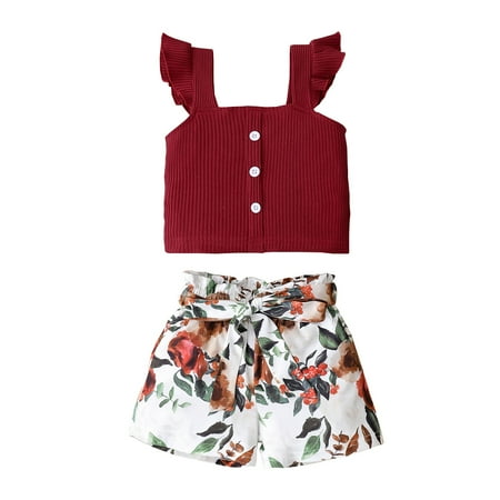 

KIMI BEAR Newborn Baby Girls Outfits 3 Months Newborn Girls Summer Outfits 6 Months Newborn Girls Sweet Striped Pits Sling Top + Floral Print Shorts 2PCs Set Burgundy