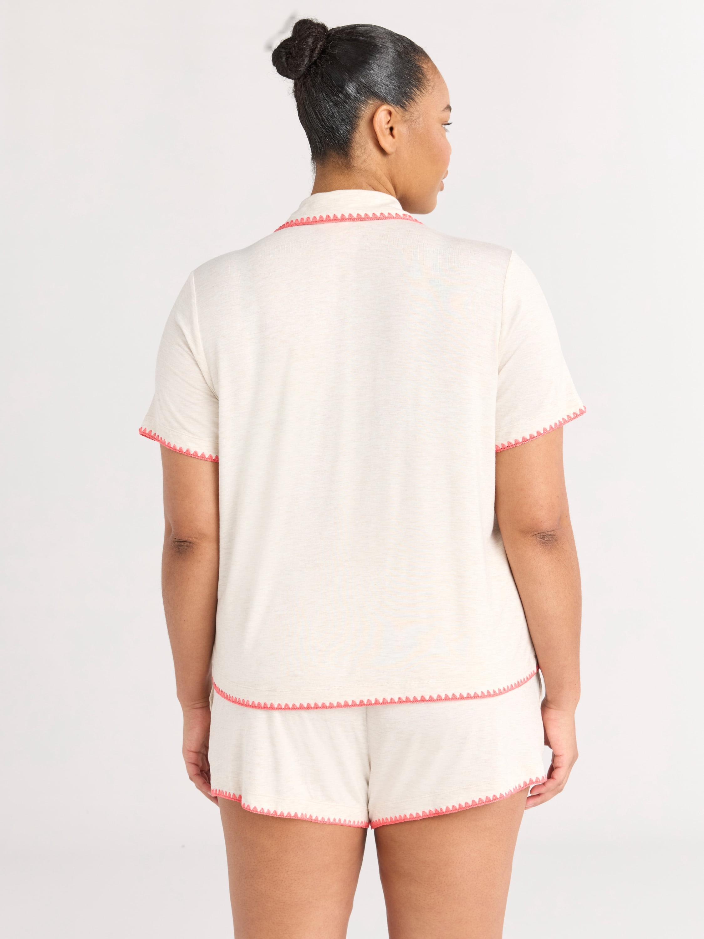 Joyspun Women’s Short Sleeve Notch Top and Shorts Pajama Set with Blanket Stitching, Sizes XS-3X