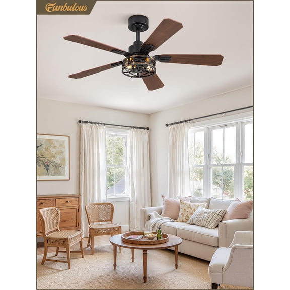 42 Inch Rustic Caged Ceiling Fan with Lights Black Farmhouse Style for Bedroom Living Room