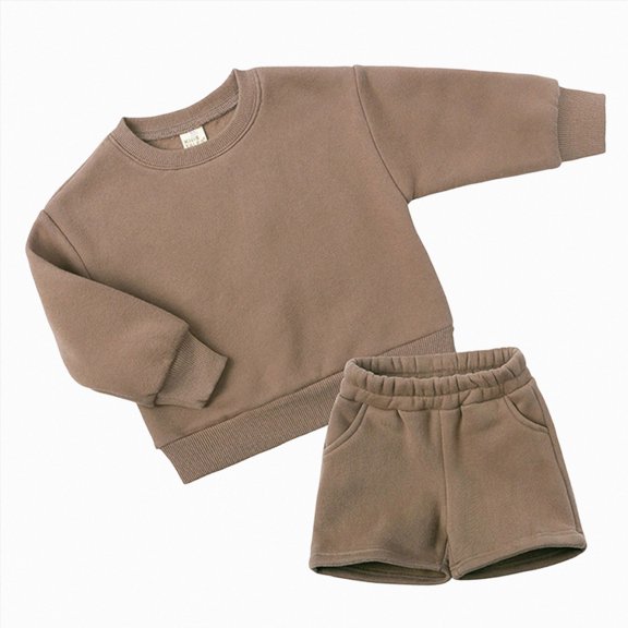 Kids Boys Girls 2 Piece Fleece Outfit Set 12 18 24 Months 2T 3T 4T 5T 6T Solid Color Long Sleeve Crewneck Sweatshirt & Elastic Waist Shorts Warm Lined Casual Tracksuit Brown Size 2-3 Years