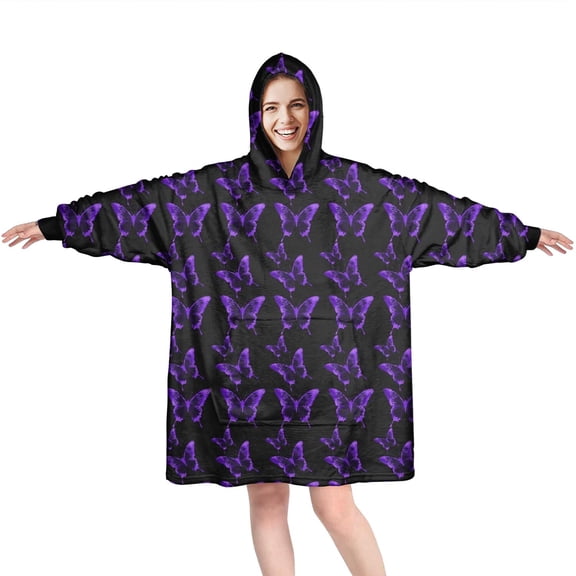 Purple Butterfly Pattern Wearable Oversized Blanket,Wearable Blanket Hoodie for Adults,Cozy Hooded Blankets with Super Pockets,Super Warm Fuzzy Pullover for Women & Men