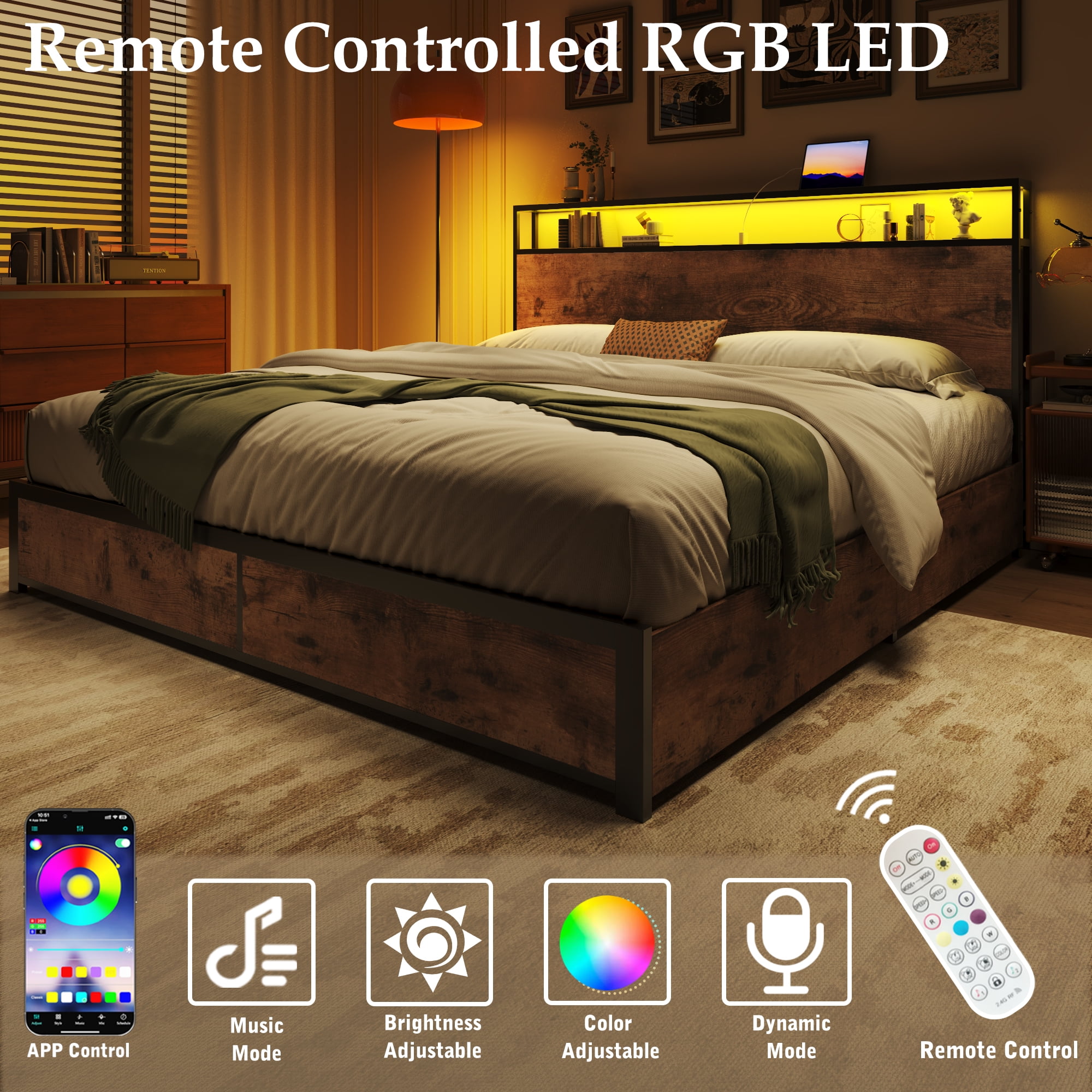 Fluest King Bed Frame with 2-Tier Storage Headboard, USB Port and LED Light, 4 Storage Drawers, Brown