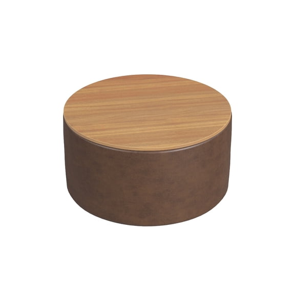 Benjara Mesy Storage Ottoman- 30" Round Lift Tray Top- Brown Faux Leather
