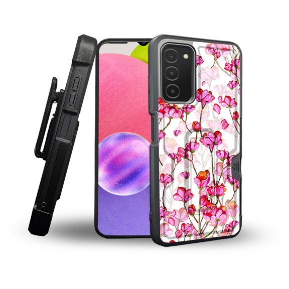 ANJ  Rugged Shockproof Holster Case Card Slot Kickstand   Tempered Glass Cover for Samsung Galaxy A03s - Pink Floral