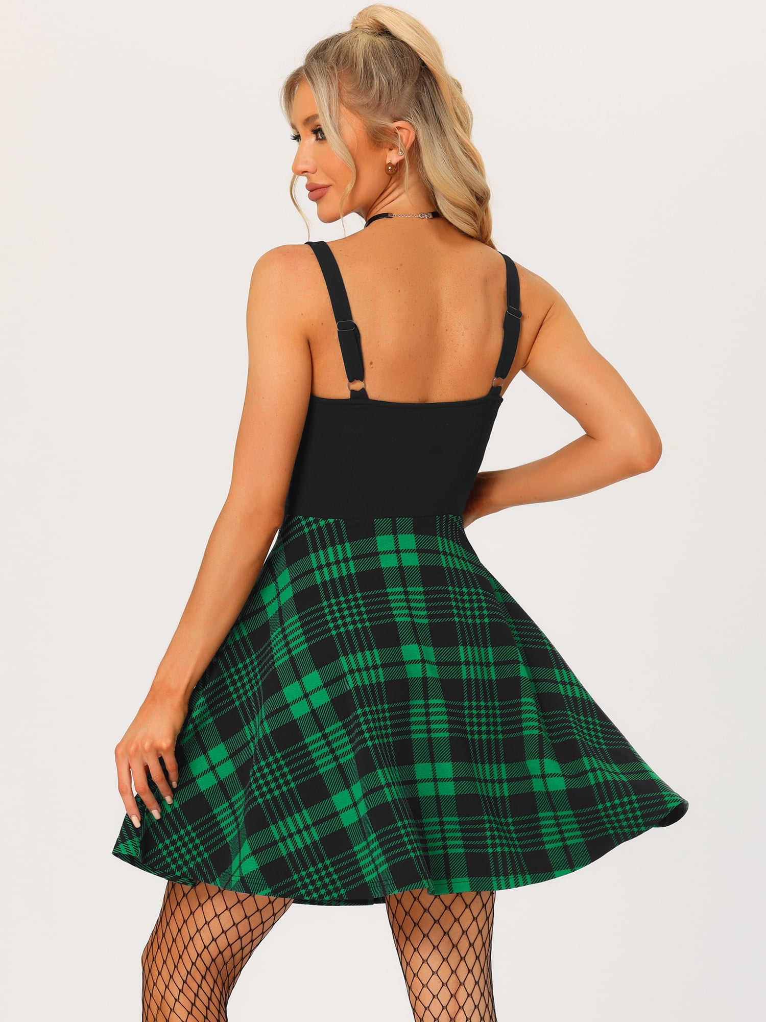 DARING DIVA Plaid Lace Up Sweetheart Neck Sleeveless Flared Mini Dres XS Green