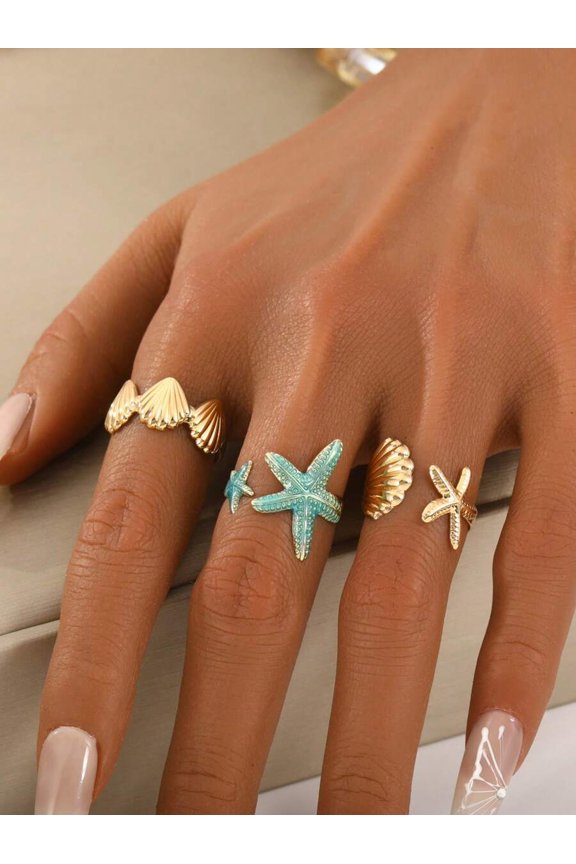 Ocean Theme Starfish And Shell Open Ring Set In Yellow Gold