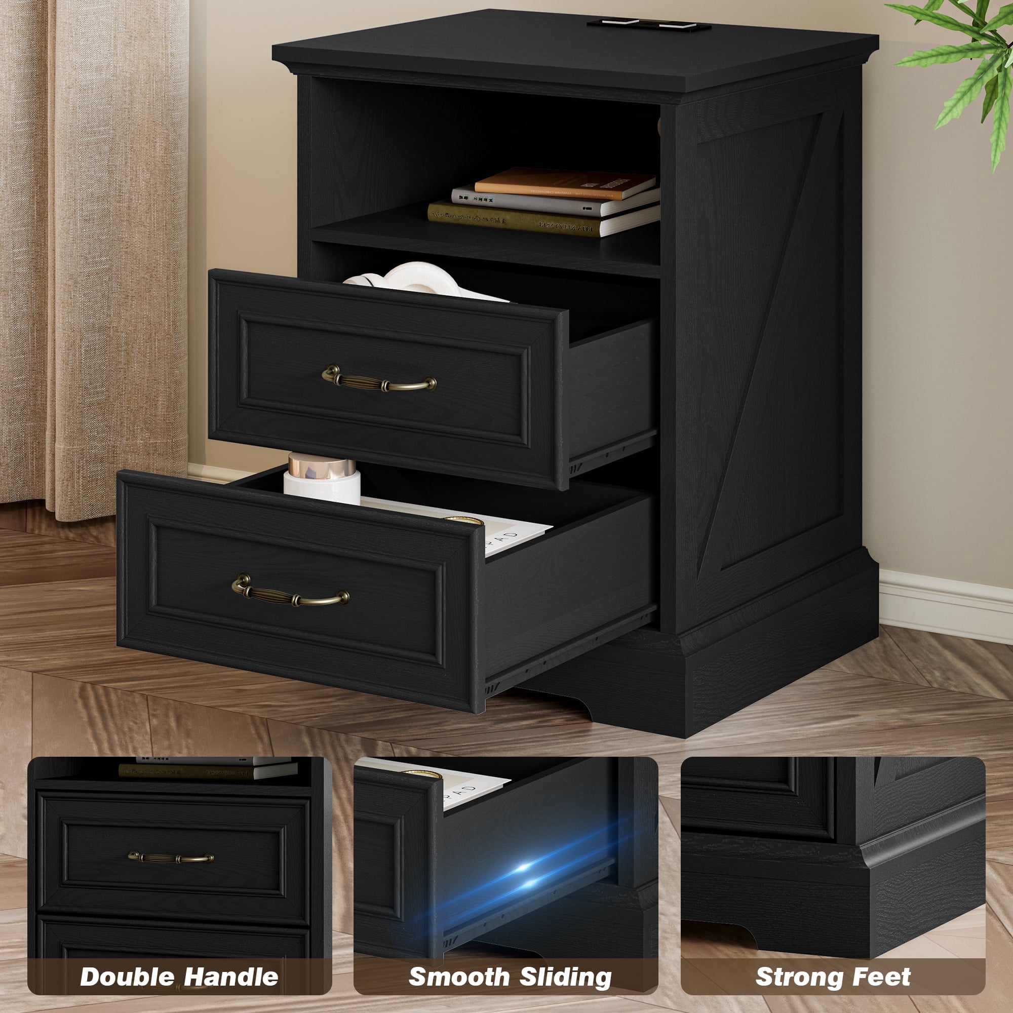 FANRAL 2 Drawers Dresser for Bedroom,Farmhouse Nightstand with Charging Station & Open Shelf,24" Wide Wooden Chest of Drawers,Rustic Storage Cabinet,Black Dresser