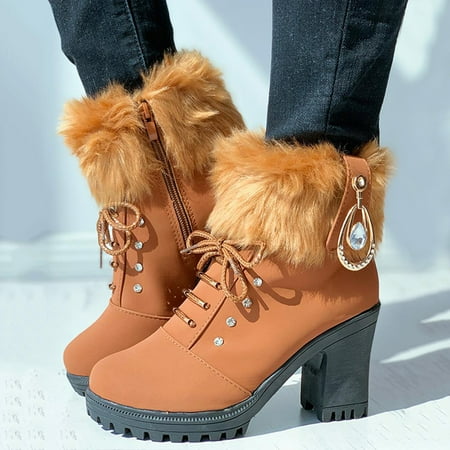 

Womens Shoes Fashion Casual Mid-high-heeled Water Brick And Hairy Boots Thick-heeled Leather Shoes Note Please Buy One Or Two Sizes Larger