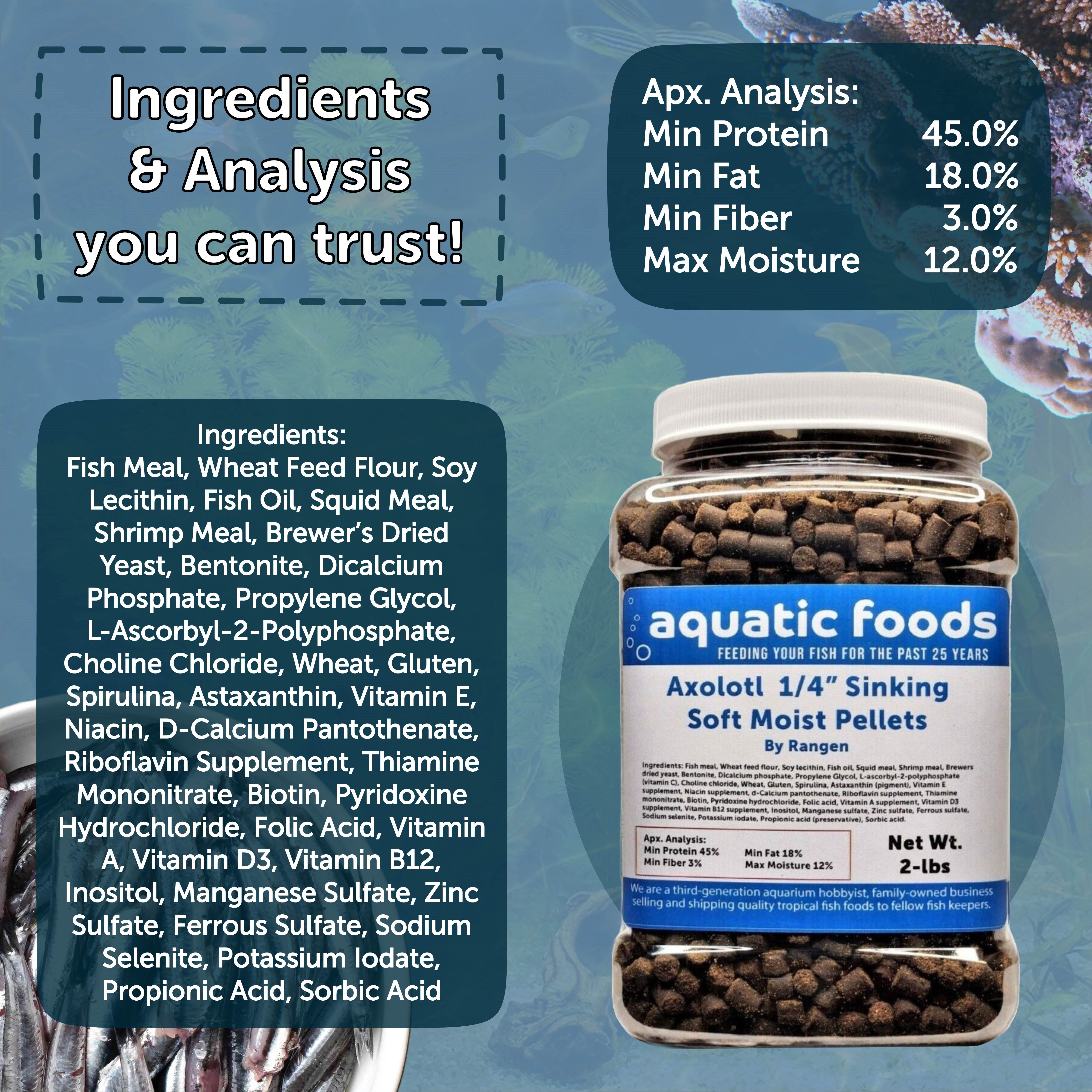 Axolotl Food 1/4" Soft Moist Sinking Rangen Salmon Pellets for Adult Axolotl also Shrimp, Snails, Crabs, Crayfish, Bottom Tropical Fish...5-lb Lg Jar