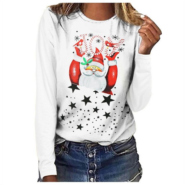 Babysbule Hauts de Noël pour Femmes Joyeux Noël Imprimé Femmes Décontracté Manches Longues Col Rond Chandail en Molleton Chandail Blouse