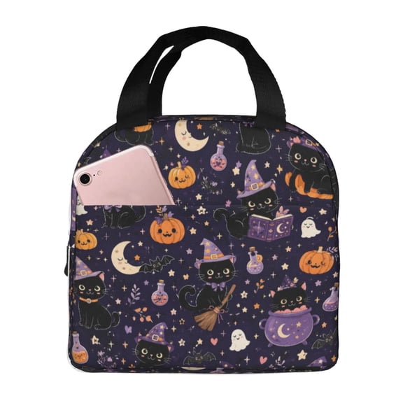 Cute Witch Pumpkin Halloween Cat Lunch Bag Reusable Thermal Lunch Box with Handle for Women and Men
