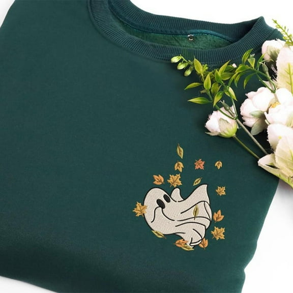 Embroidered Fall Leaves And Ghost Sweatshirt